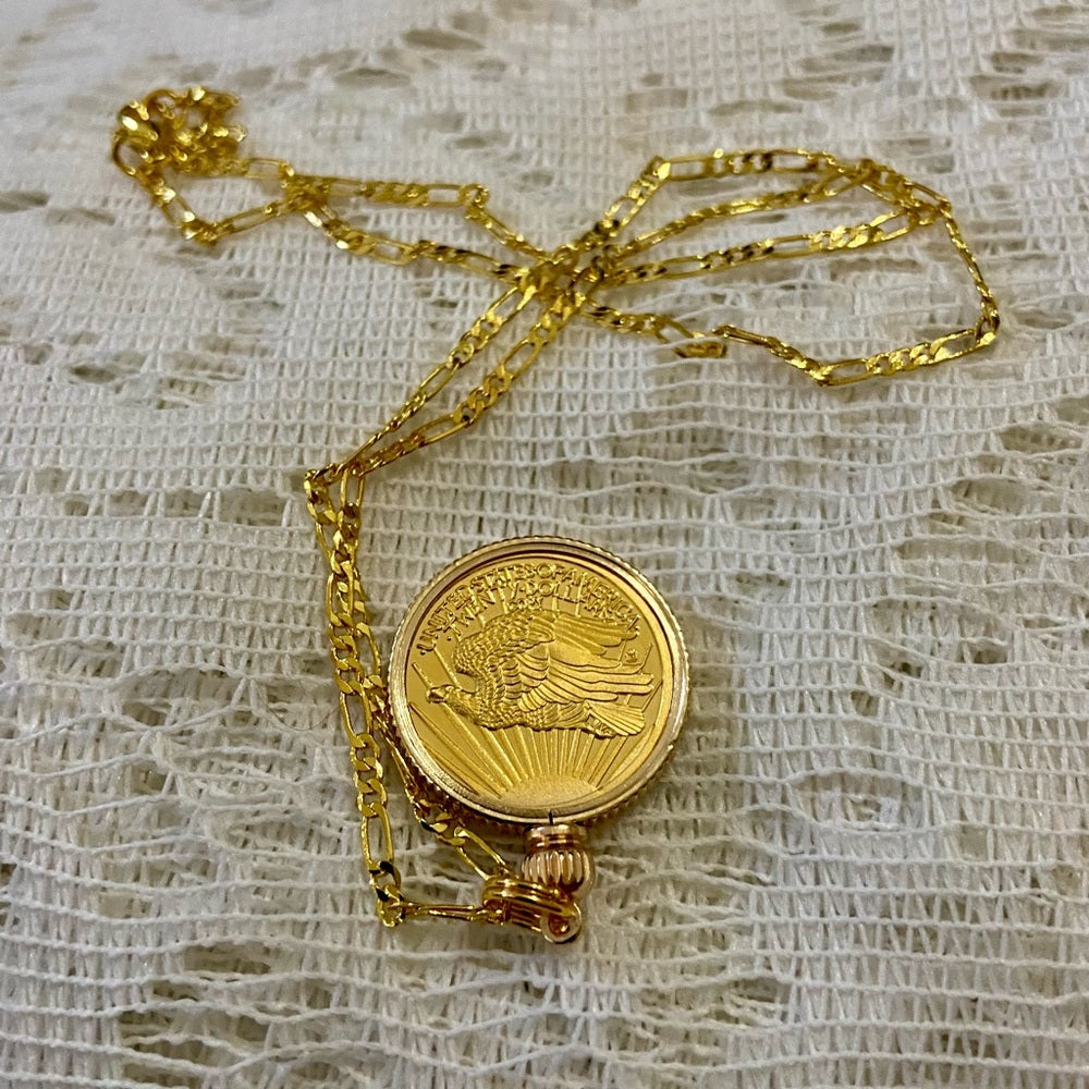 Standing Liberty/Twenty D Gold Plated Coin Pendant -18-in Gold Plated Necklace