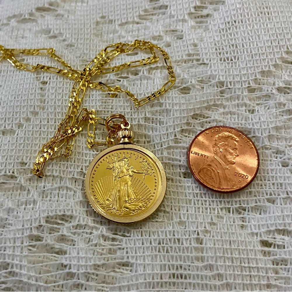 Standing Liberty/Twenty D Gold Plated Coin Pendant -18-in Gold Plated Necklace