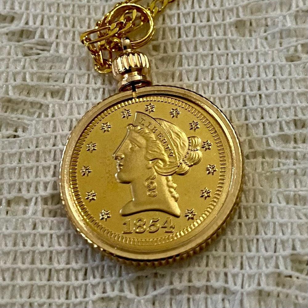 1854 Liberty Gold Plated Coin Pendant with 18-in Gold Plated Figaro Chain Nec…