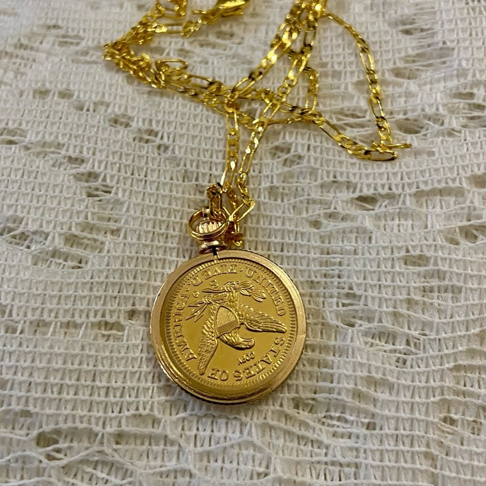 1854 Liberty Gold Plated Coin Pendant with 18-in Gold Plated Figaro Chain Nec…