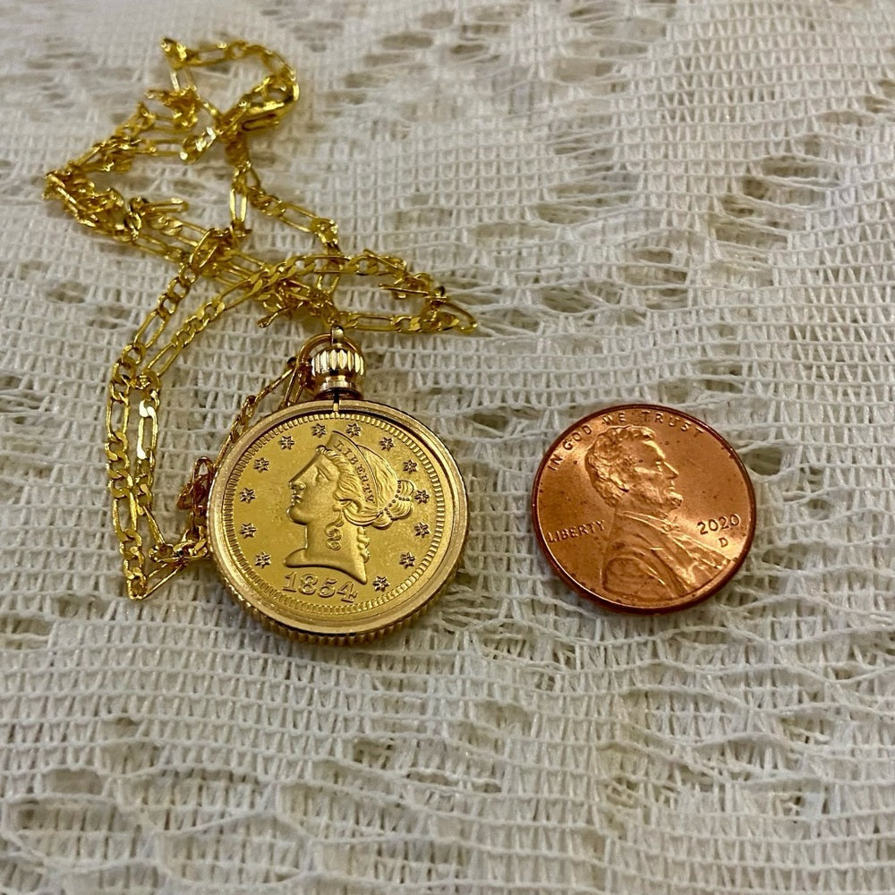 1854 Liberty Gold Plated Coin Pendant with 18-in Gold Plated Figaro Chain Nec…
