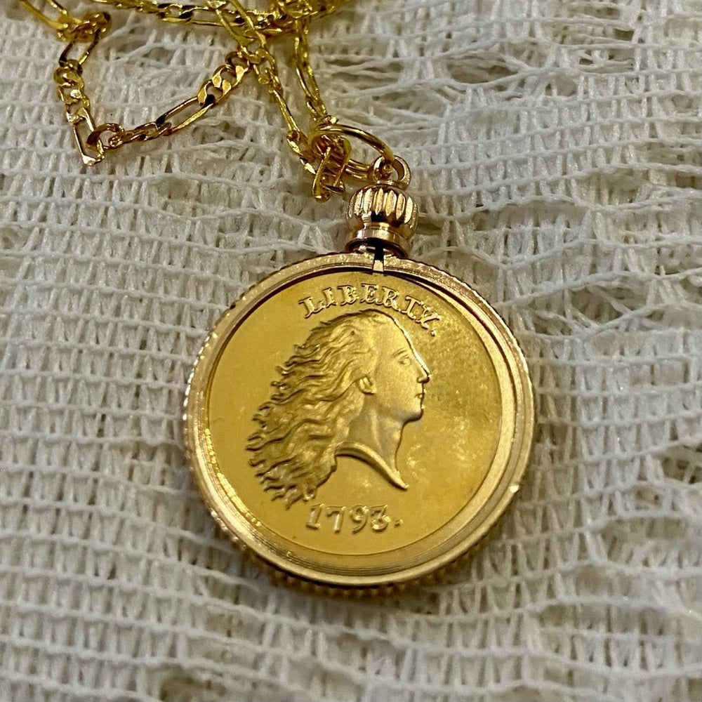 1793 Liberty/ One Cent Gold Plated Coin Pendant w\ 18in Gold Plated Chain