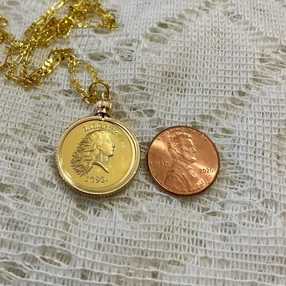 1793 Liberty/ One Cent Gold Plated Coin Pendant w\ 18in Gold Plated Chain