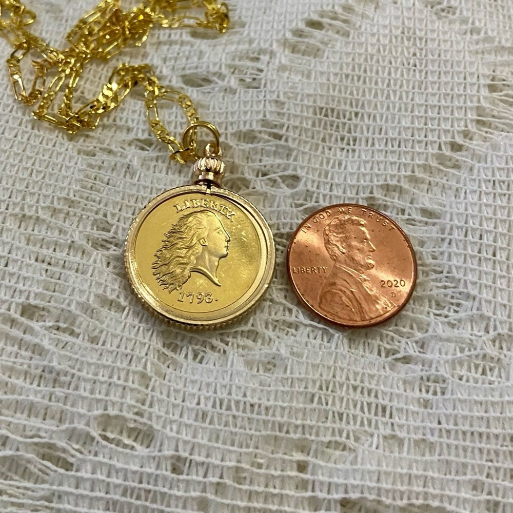 1793 Liberty/ One Cent Gold Plated Coin Pendant w\ 18in Gold Plated Chain