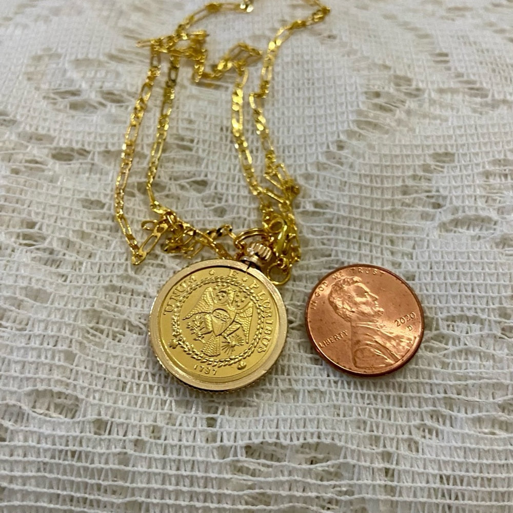 1787 Eagle/Gold Plated Coin Pendant w/ 18in Gold P…
