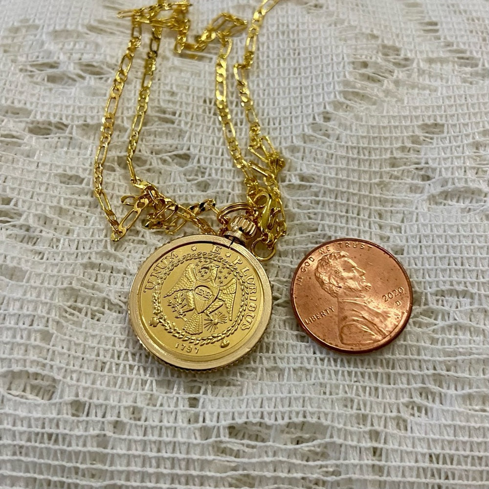 1787 Eagle/Gold Plated Coin Pendant w/ 18in Gold P…