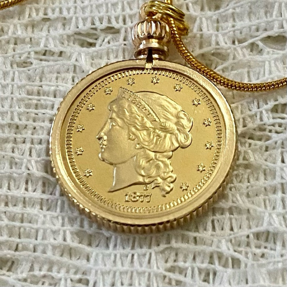 1877 Liberty Fifty Dollars Gold Plated Coin Pendant w/ 18in Gold P…