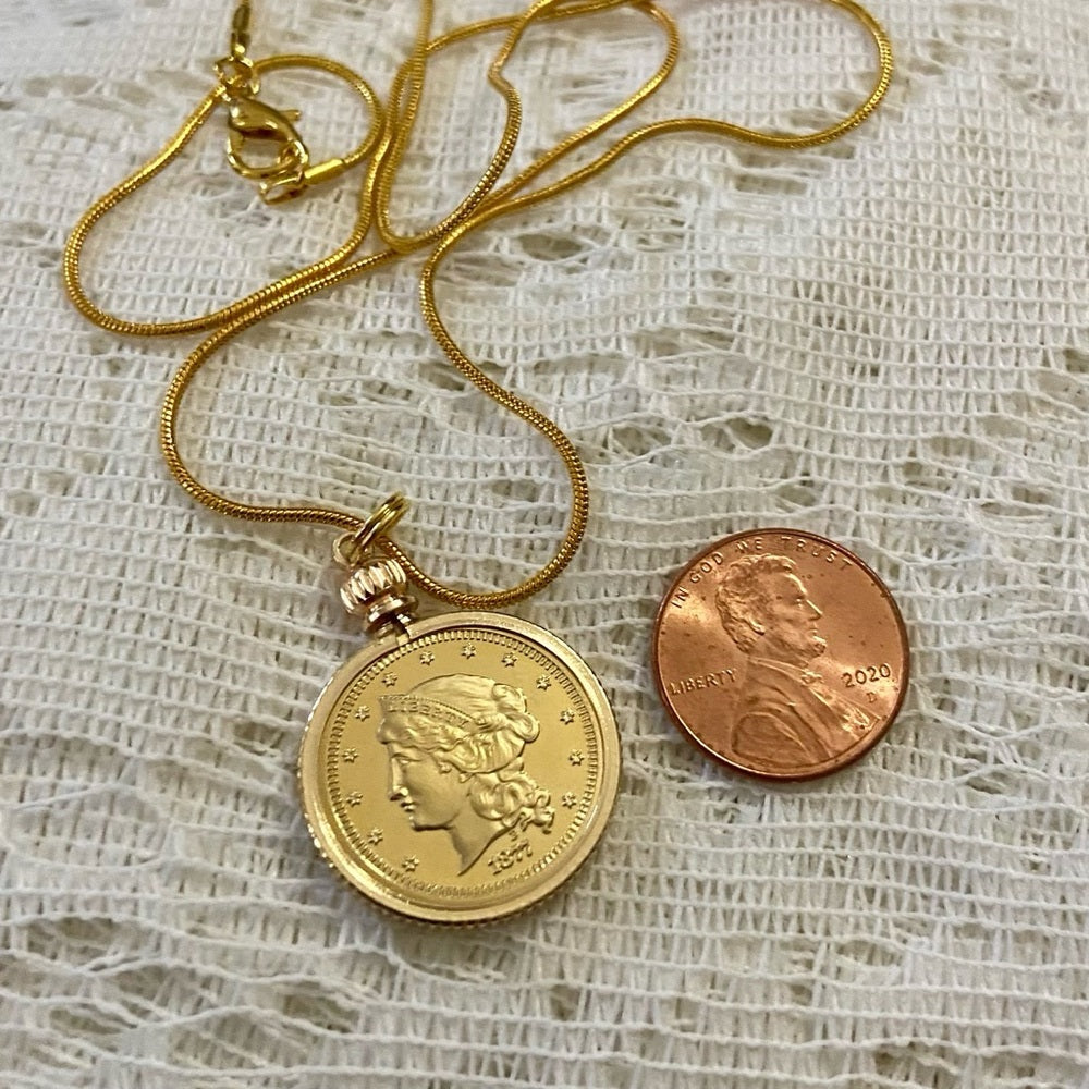 1877 Liberty Fifty Dollars Gold Plated Coin Pendant w/ 18in Gold P…