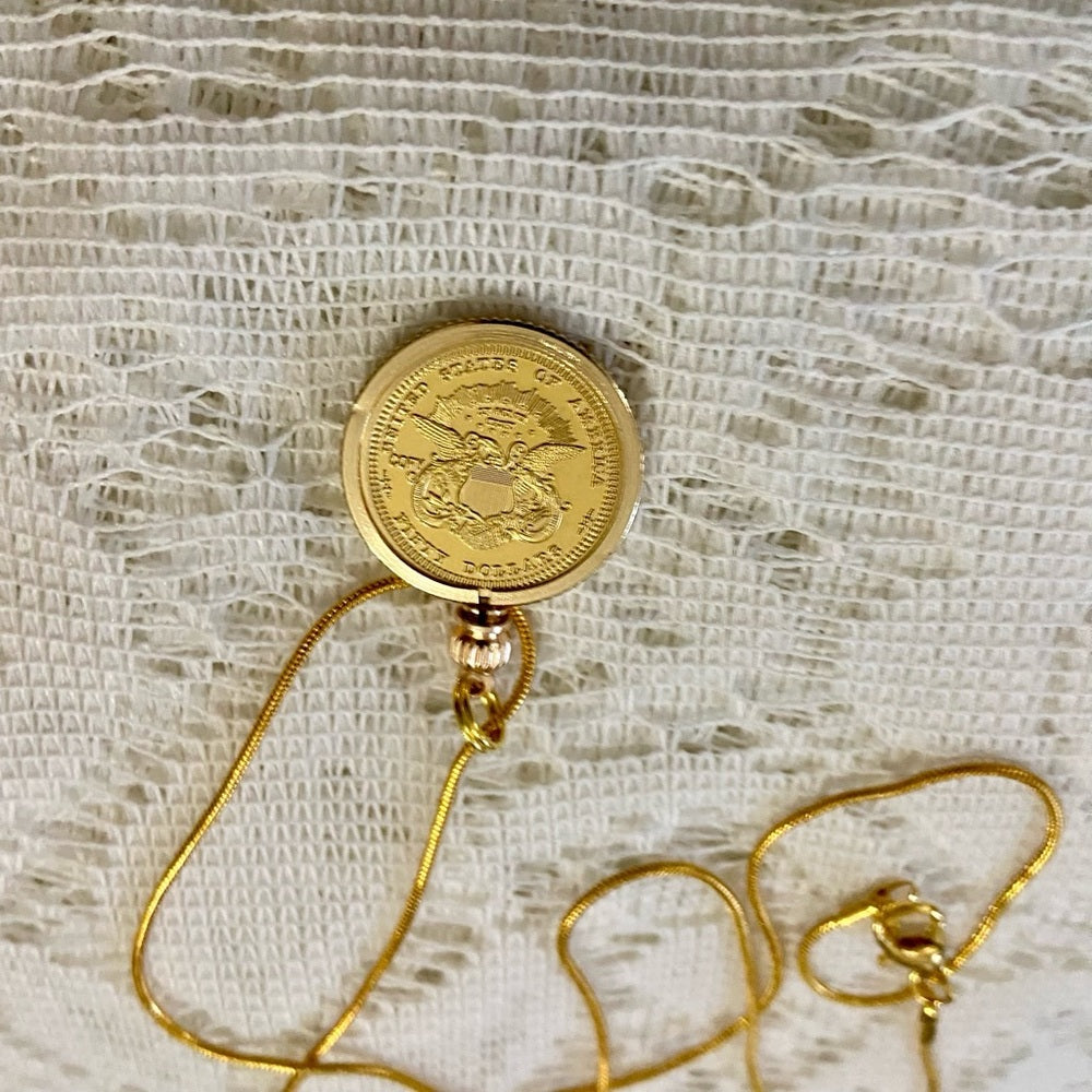 1877 Liberty Fifty Dollars Gold Plated Coin Pendant w/ 18in Gold P…