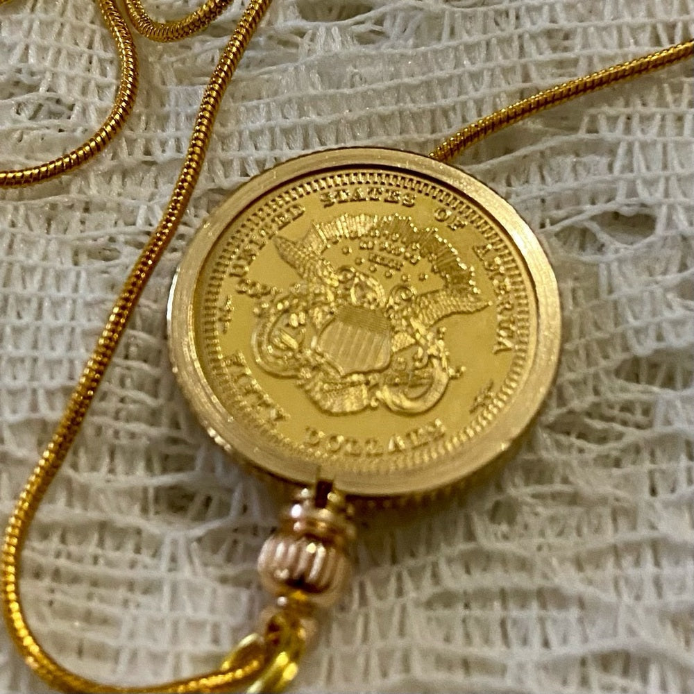 1877 Liberty Fifty Dollars Gold Plated Coin Pendant w/ 18in Gold P…