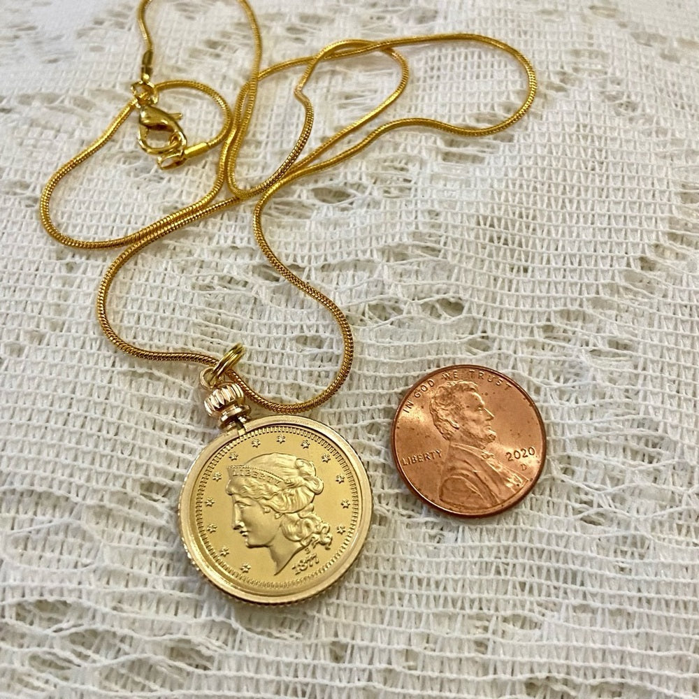 1877 Liberty Fifty Dollars Gold Plated Coin Pendant w/ 18in Gold P…