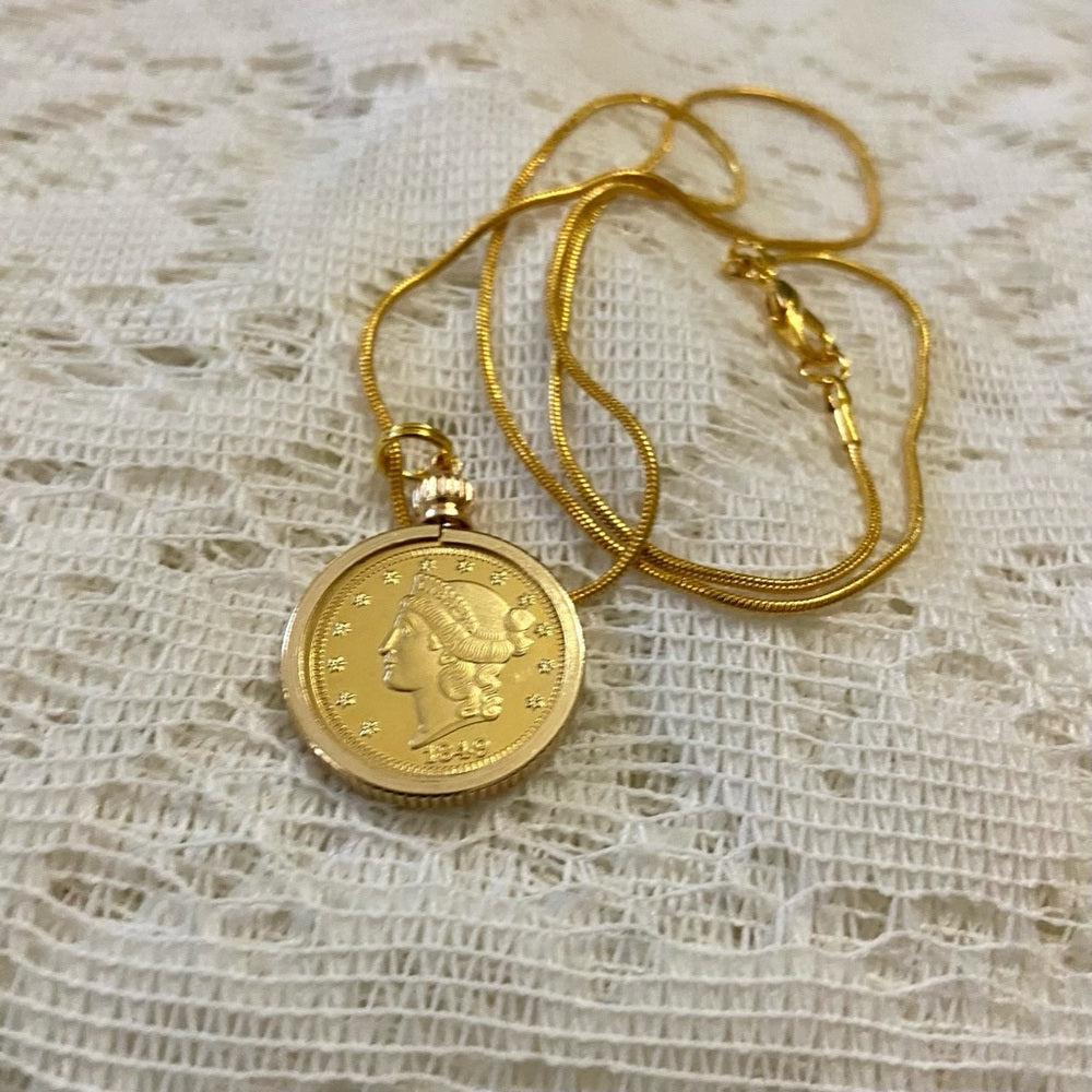 1849 Liberty/ Twenty Dollars Gold Plated Coin Pendant w/ 18in Gold P…