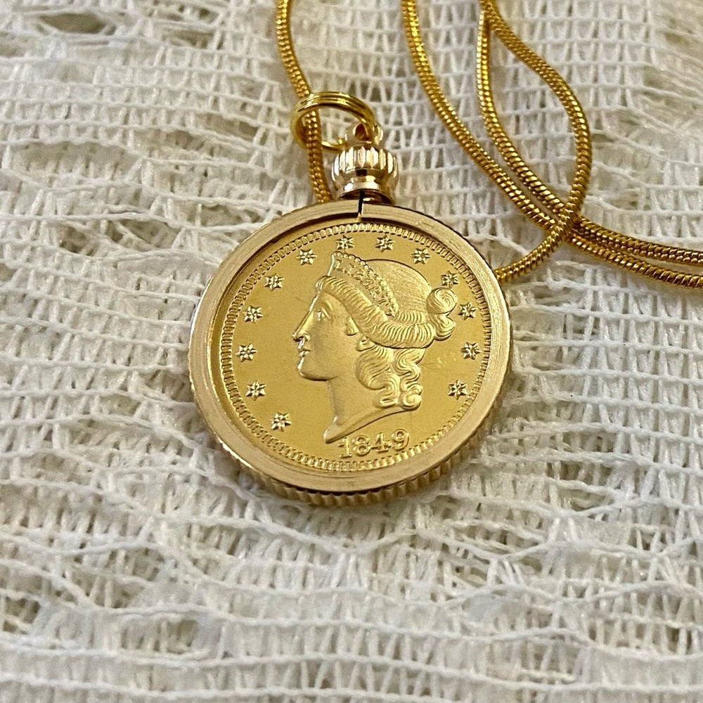 1849 Liberty/ Twenty Dollars Gold Plated Coin Pendant w/ 18in Gold P…