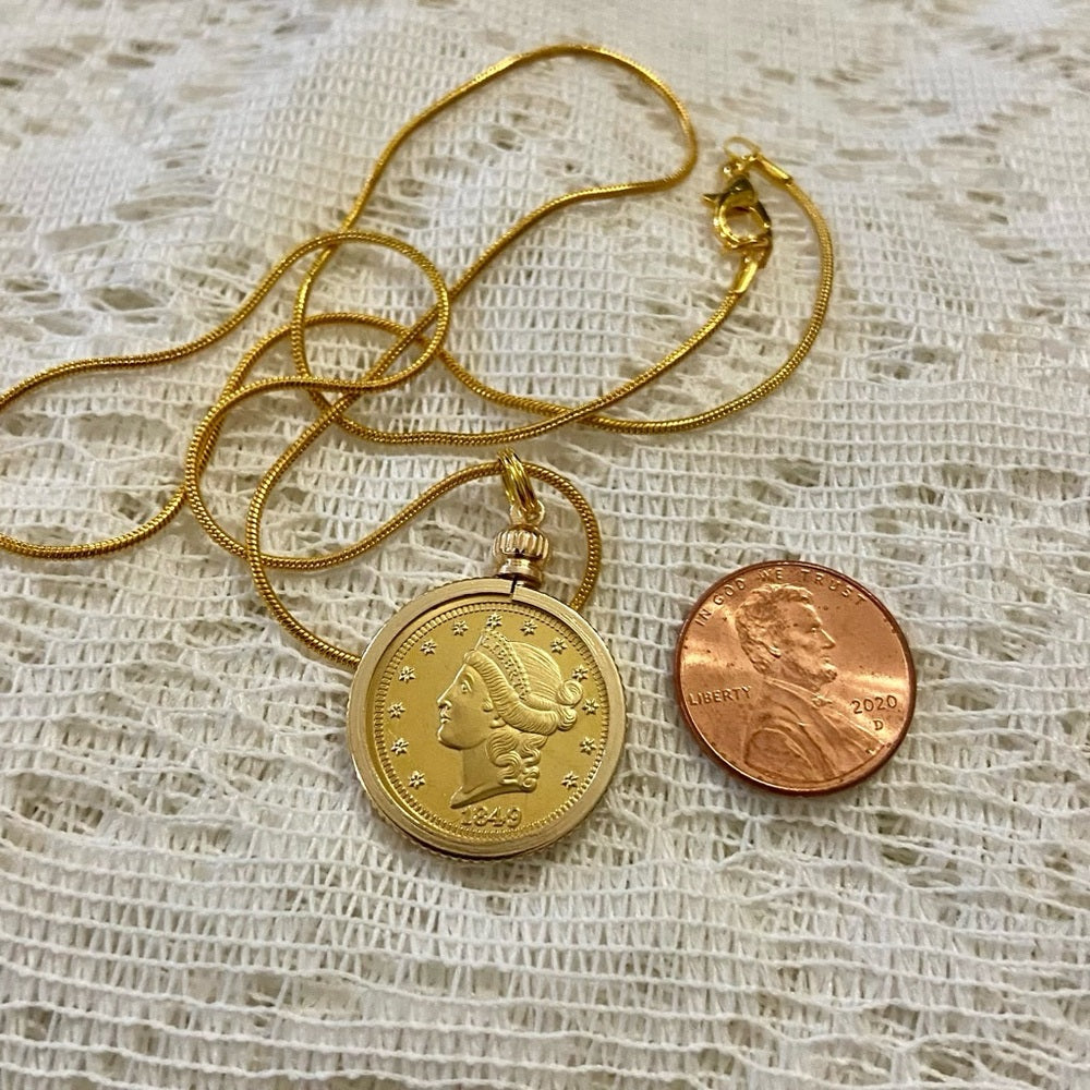 1849 Liberty/ Twenty Dollars Gold Plated Coin Pendant w/ 18in Gold P…