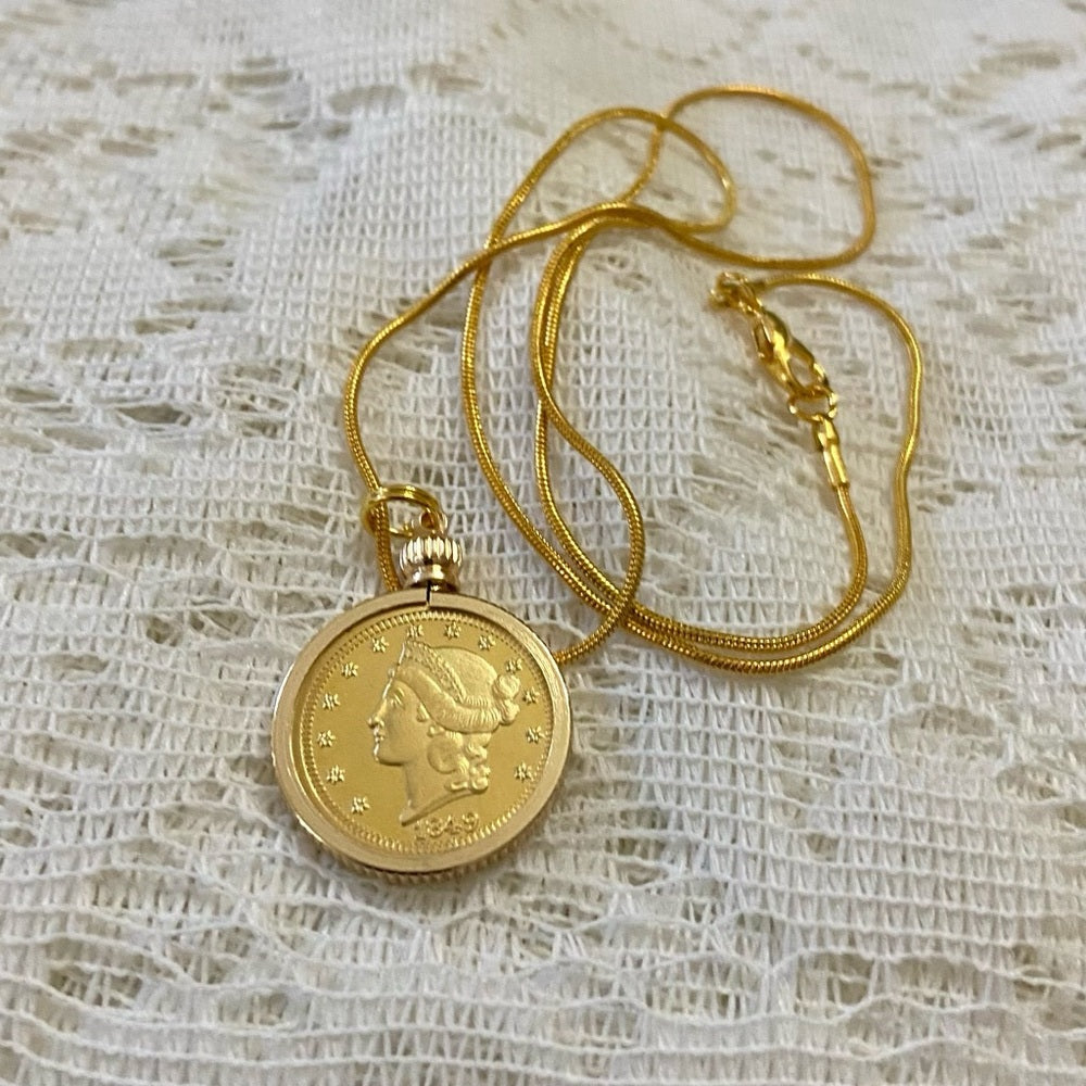 1849 Liberty/ Twenty Dollars Gold Plated Coin Pendant w/ 18in Gold P…