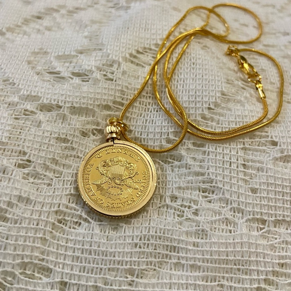 1849 Liberty/ Twenty Dollars Gold Plated Coin Pendant w/ 18in Gold P…