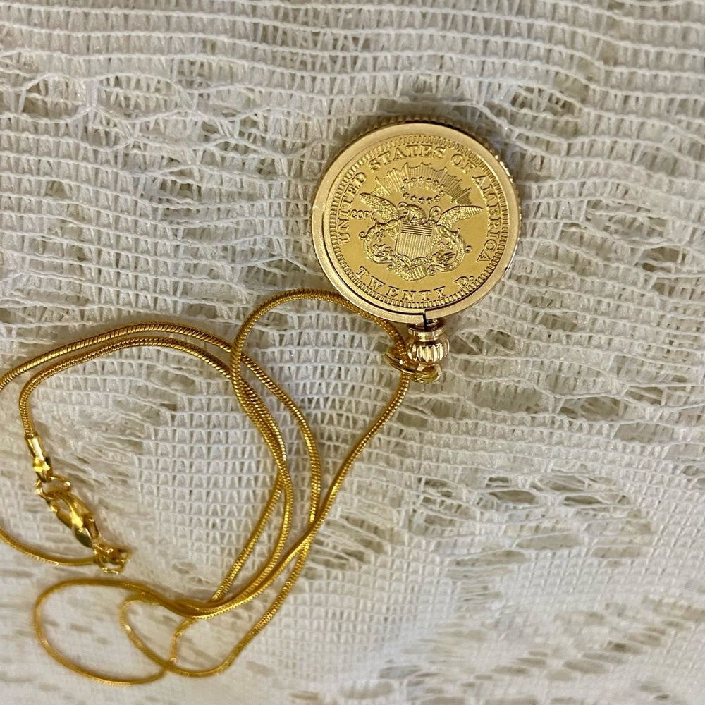 1849 Liberty/ Twenty Dollars Gold Plated Coin Pendant w/ 18in Gold P…