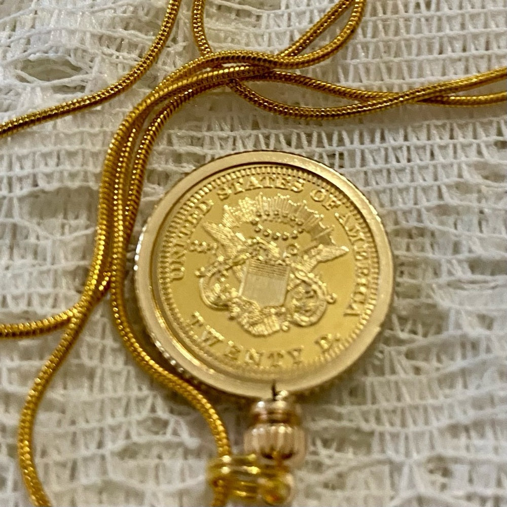 1849 Liberty/ Twenty Dollars Gold Plated Coin Pendant w/ 18in Gold P…