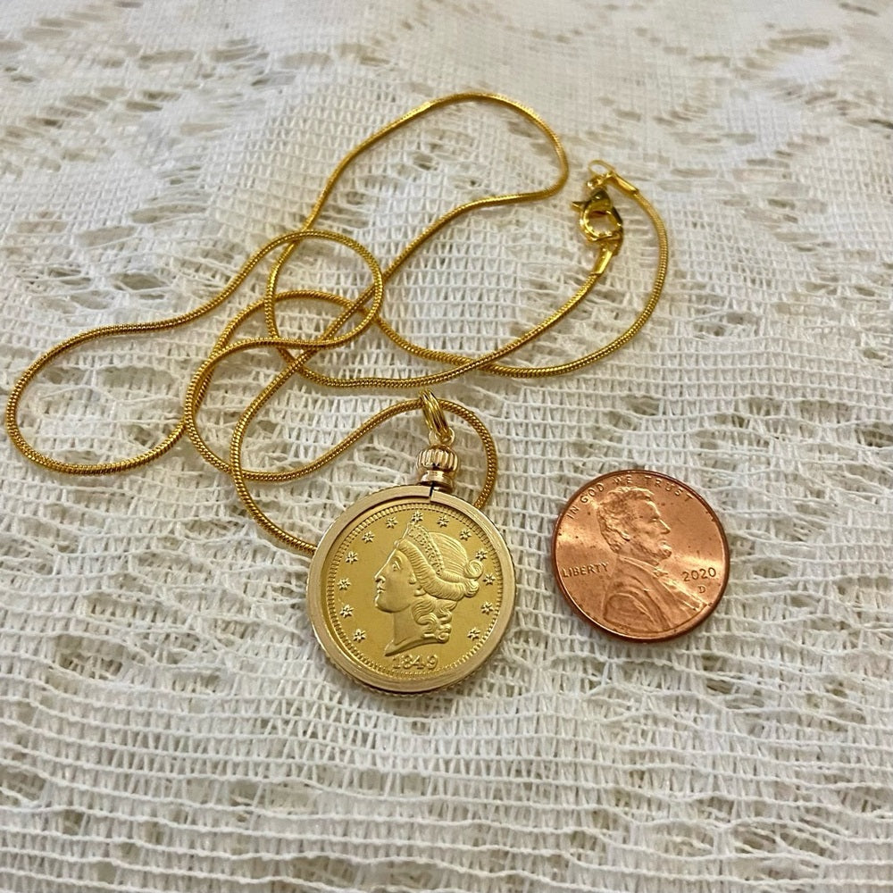 1849 Liberty/ Twenty Dollars Gold Plated Coin Pendant w/ 18in Gold P…
