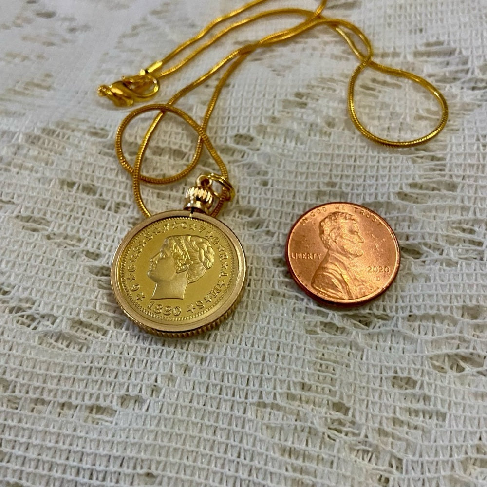 1880 Liberty/ One Stella 400 Cents Gold Plated Coin Pendant w/ 18in Gold P…
