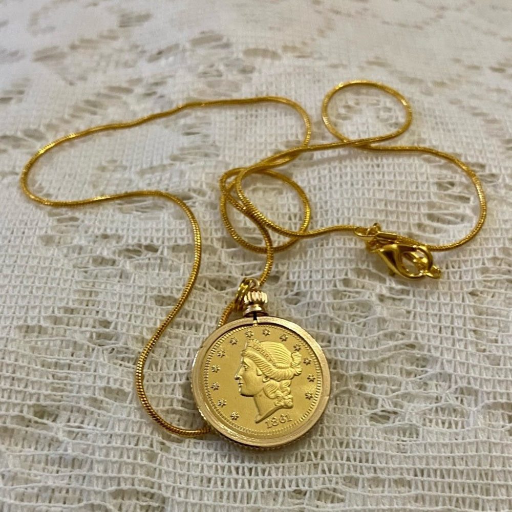 1861 Liberty/ Twenty D Gold Plated Coin Pendant w/ 18in Gold P…