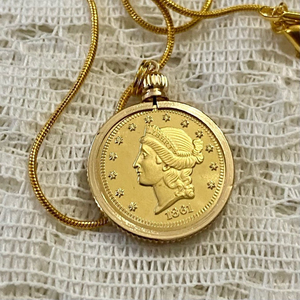 1861 Liberty/ Twenty D Gold Plated Coin Pendant w/ 18in Gold P…