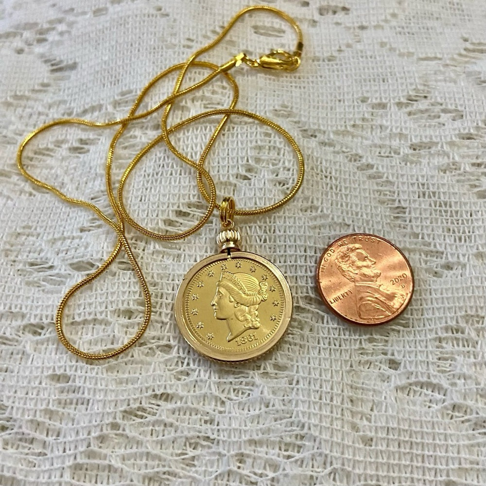 1861 Liberty/ Twenty D Gold Plated Coin Pendant w/ 18in Gold P…