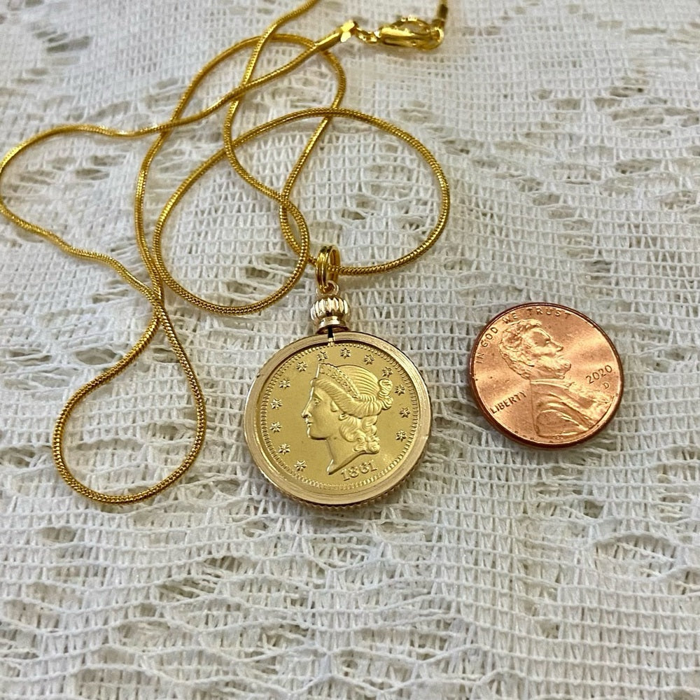 1861 Liberty/ Twenty D Gold Plated Coin Pendant w/ 18in Gold P…
