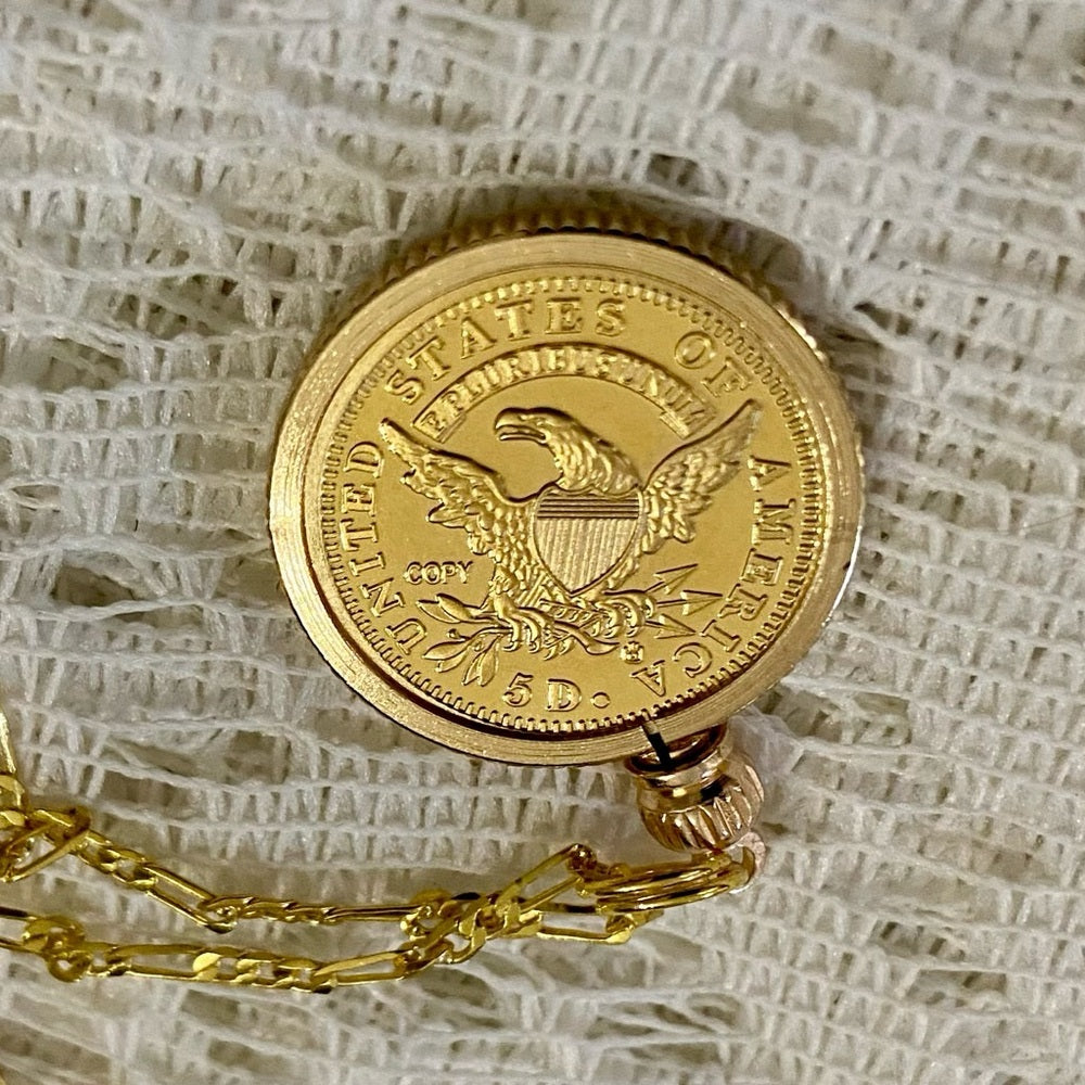 1822 Liberty/ Five D Gold Plated Coin Pendant w\ 18in Gold Plated Chain
