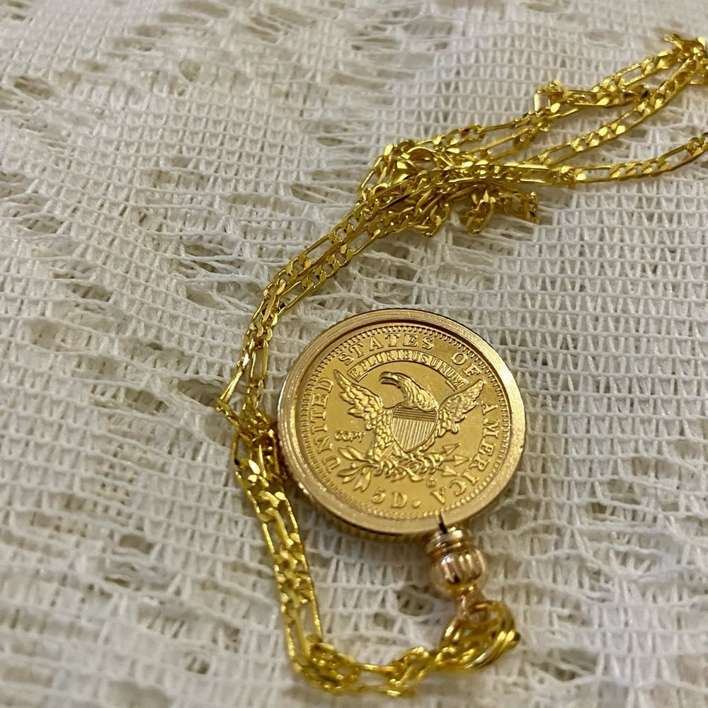 1822 Liberty/ Five D Gold Plated Coin Pendant w\ 18in Gold Plated Chain