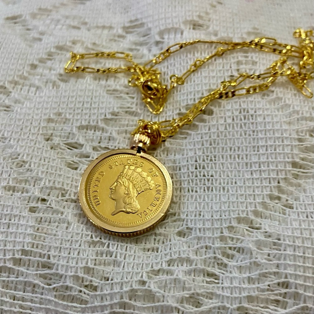 1855 Liberty/ 3 Dollars Gold Plated Coin Pendant w\ 18in Gold Plated Chain