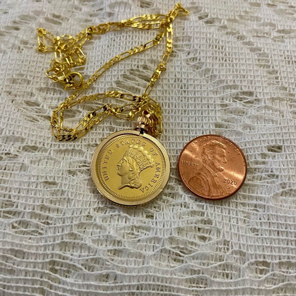 1855 Liberty/ 3 Dollars Gold Plated Coin Pendant w\ 18in Gold Plated Chain