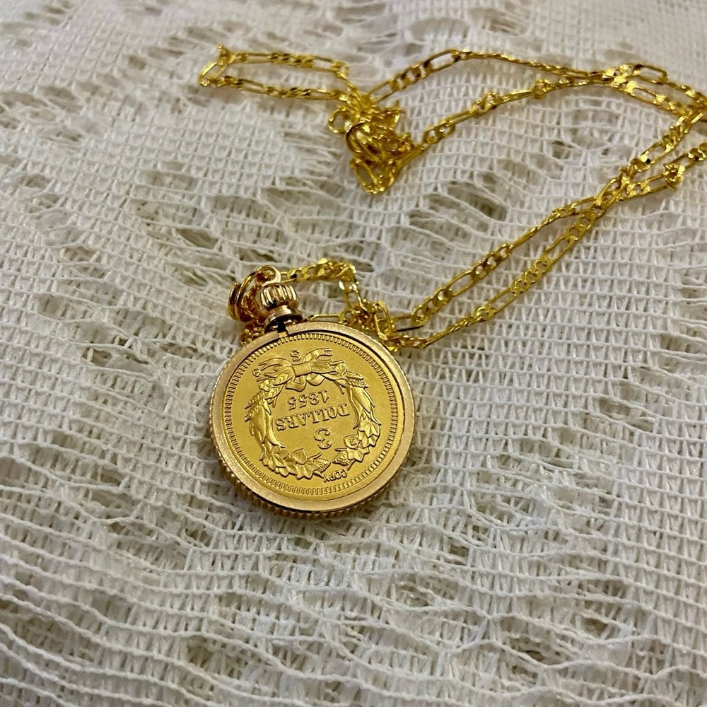 1855 Liberty/ 3 Dollars Gold Plated Coin Pendant w\ 18in Gold Plated Chain