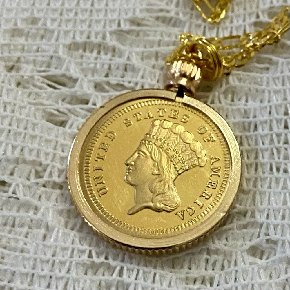 1855 Liberty/ 3 Dollars Gold Plated Coin Pendant w\ 18in Gold Plated Chain