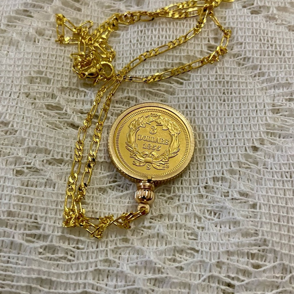 1855 Liberty/ 3 Dollars Gold Plated Coin Pendant w\ 18in Gold Plated Chain