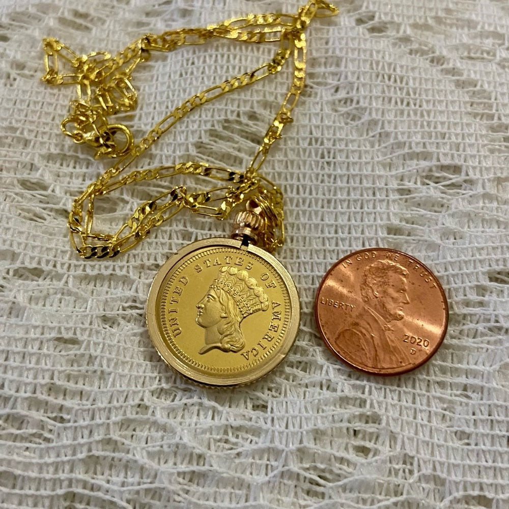 1855 Liberty/ 3 Dollars Gold Plated Coin Pendant w\ 18in Gold Plated Chain