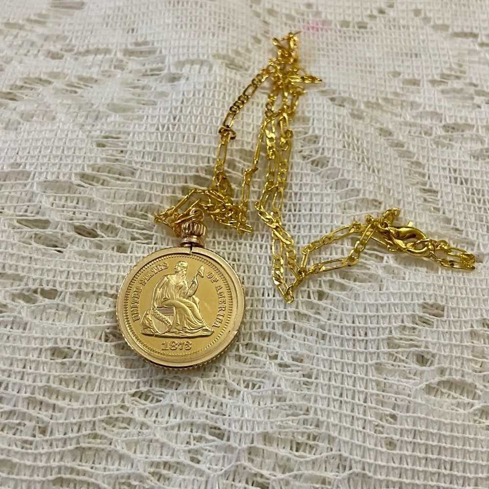 1878 Seating Liberty One Dime Gold Plated Coin Pendant w\ 18in Gold Plated Chain
