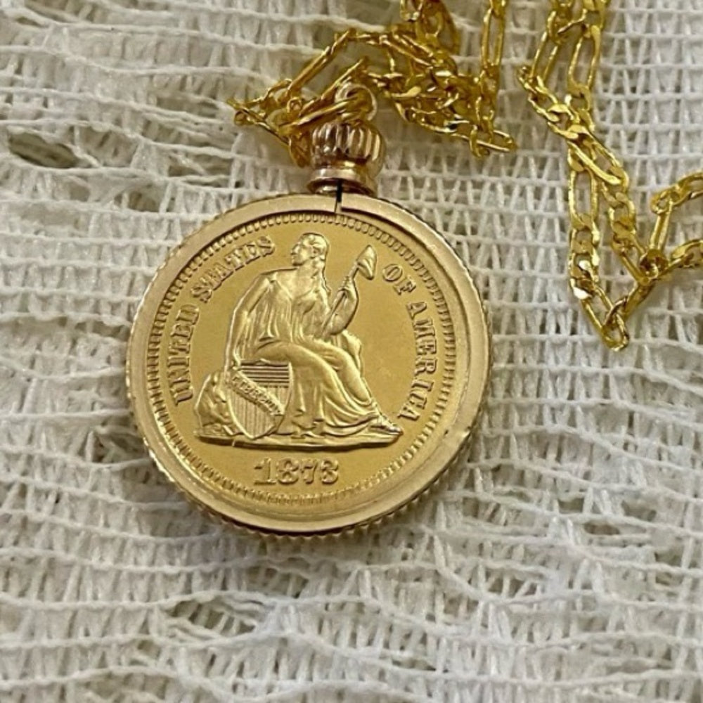 1878 Seating Liberty One Dime Gold Plated Coin Pendant w\ 18in Gold Plated Chain