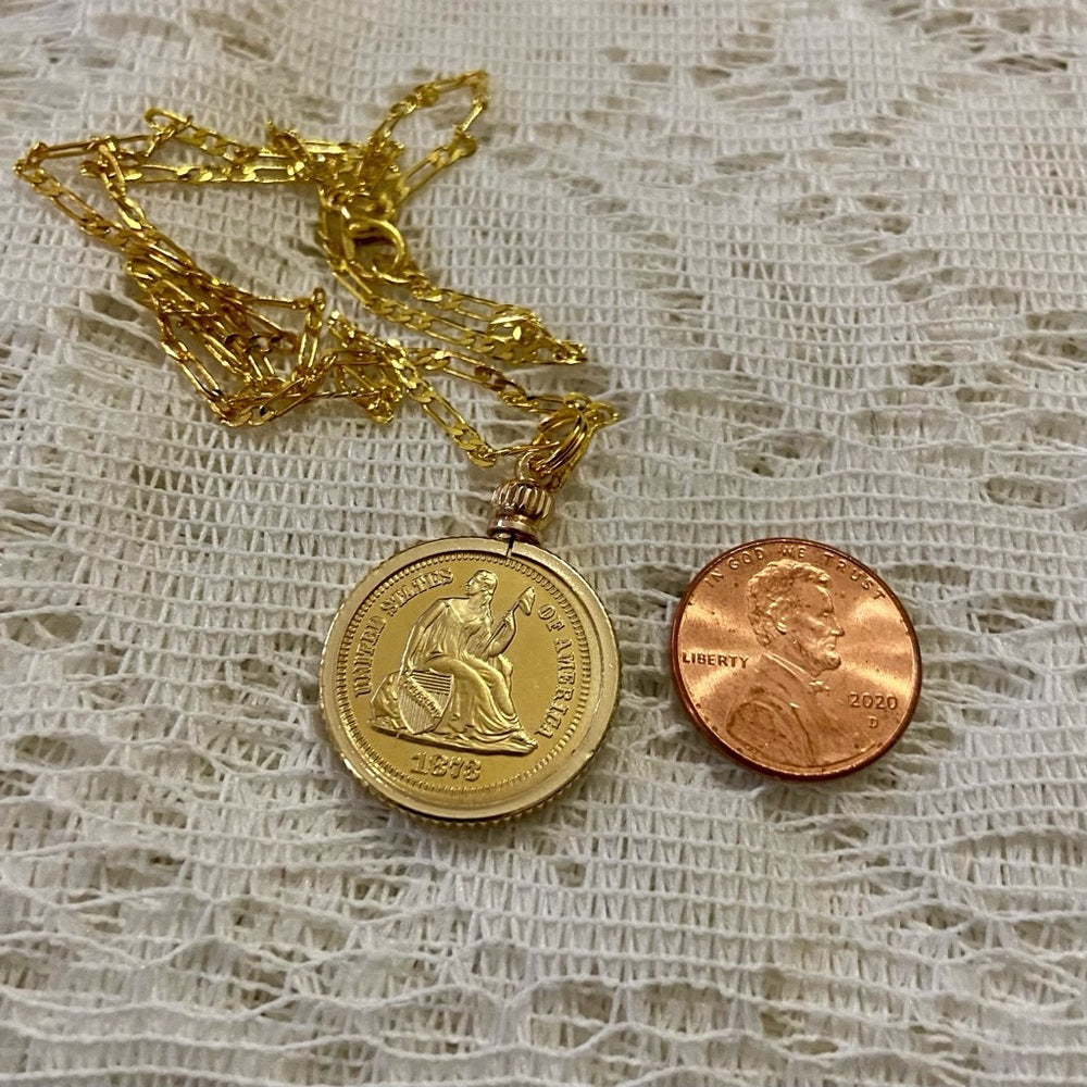 1878 Seating Liberty One Dime Gold Plated Coin Pendant w\ 18in Gold Plated Chain