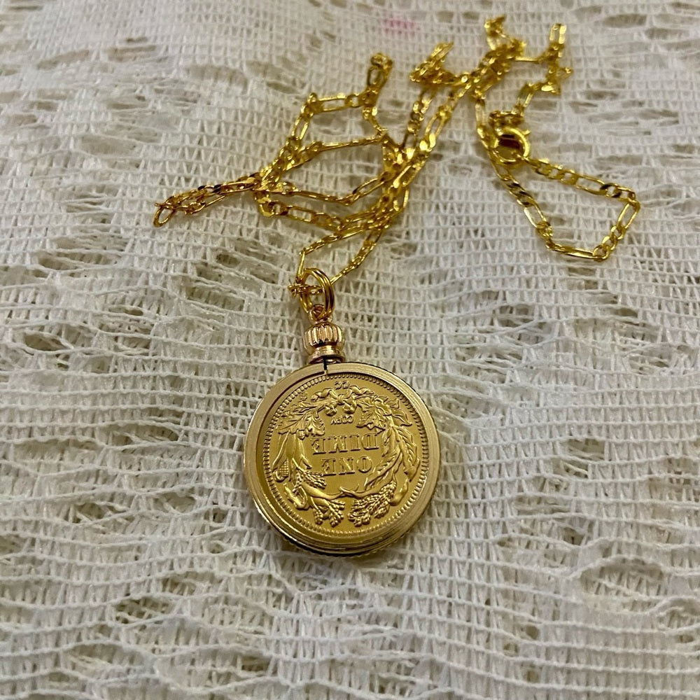 1878 Seating Liberty One Dime Gold Plated Coin Pendant w\ 18in Gold Plated Chain