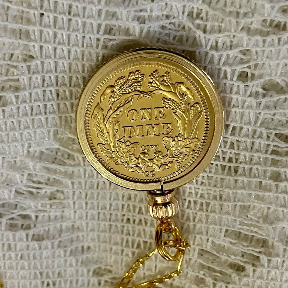 1878 Seating Liberty One Dime Gold Plated Coin Pendant w\ 18in Gold Plated Chain