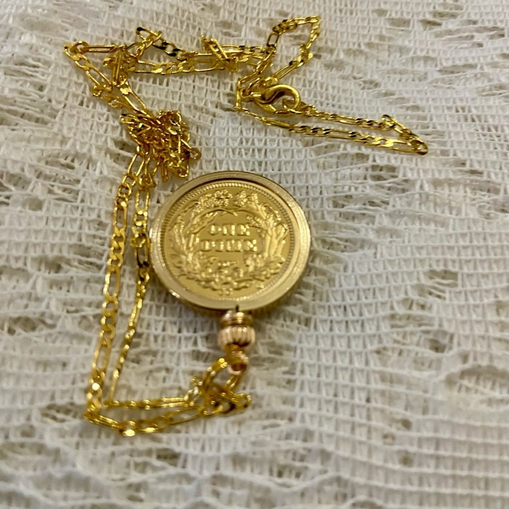 1878 Seating Liberty One Dime Gold Plated Coin Pendant w\ 18in Gold Plated Chain