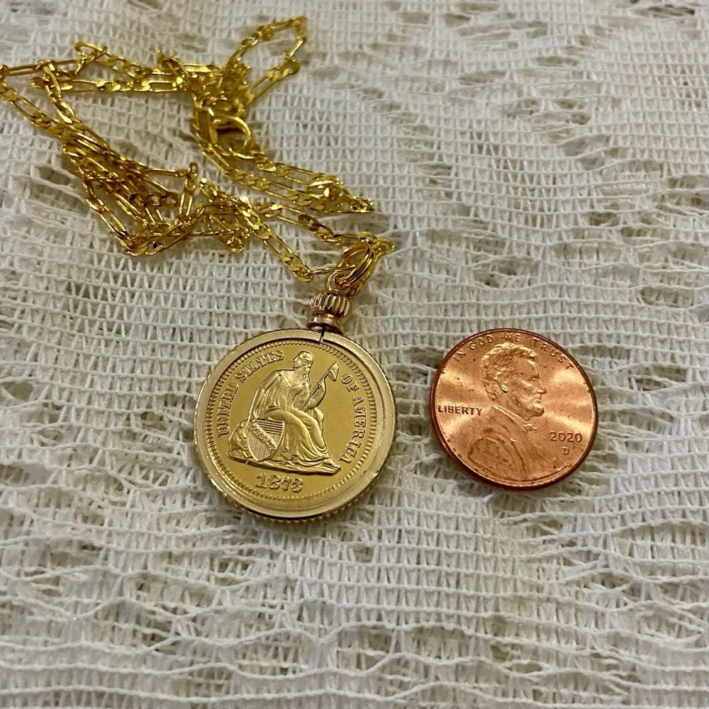 1878 Seating Liberty One Dime Gold Plated Coin Pendant w\ 18in Gold Plated Chain