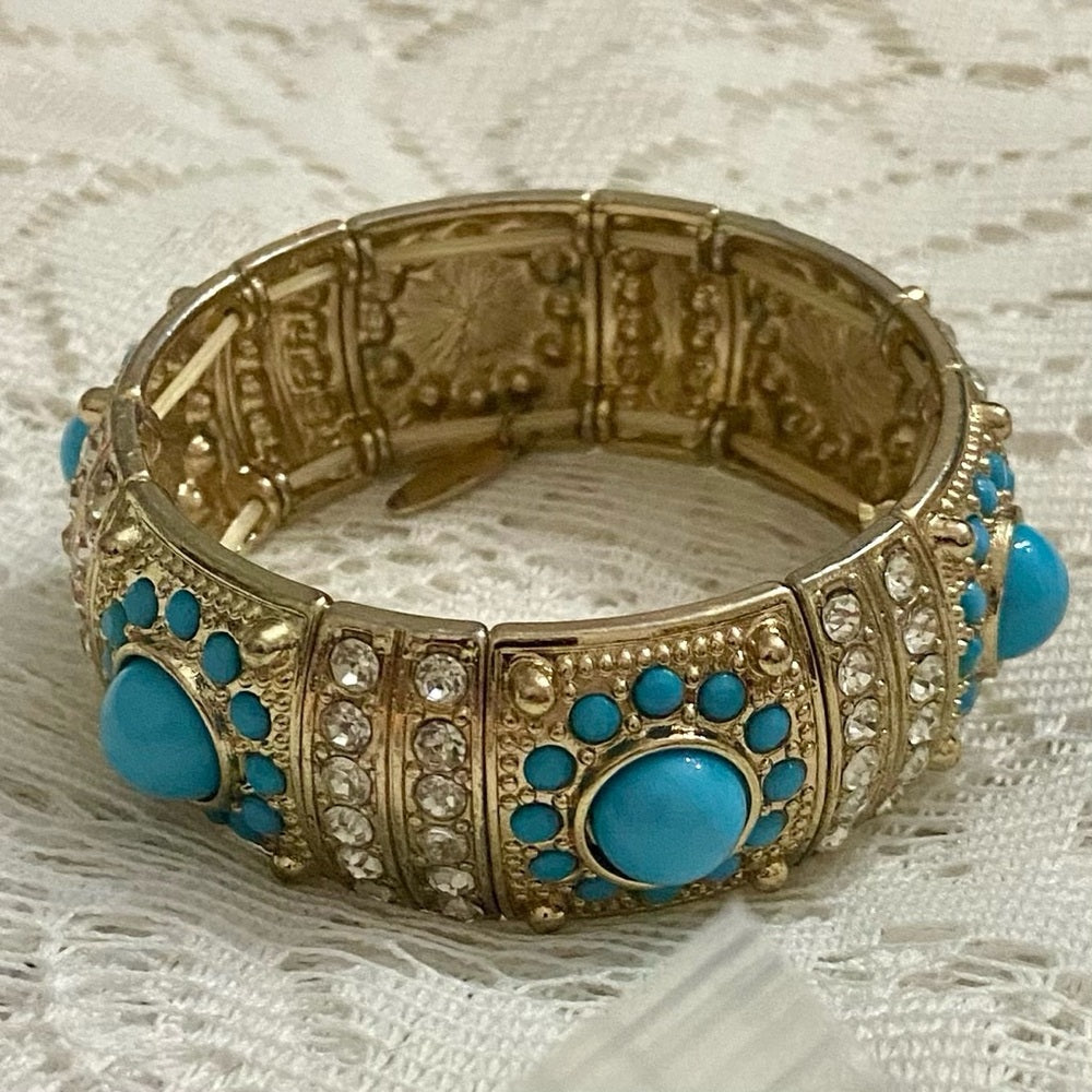 Turquoise Blue Chunky Gold Stretchable Bracelet