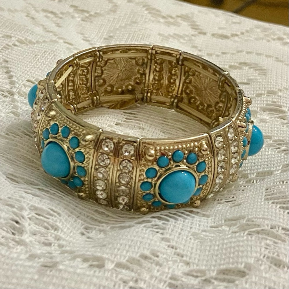 Turquoise Blue Chunky Gold Stretchable Bracelet