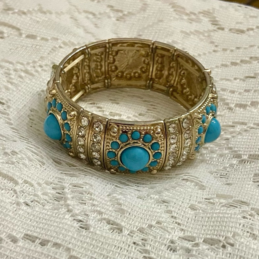 Turquoise Blue Chunky Gold Stretchable Bracelet