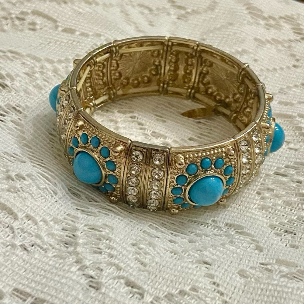Turquoise Blue Chunky Gold Stretchable Bracelet