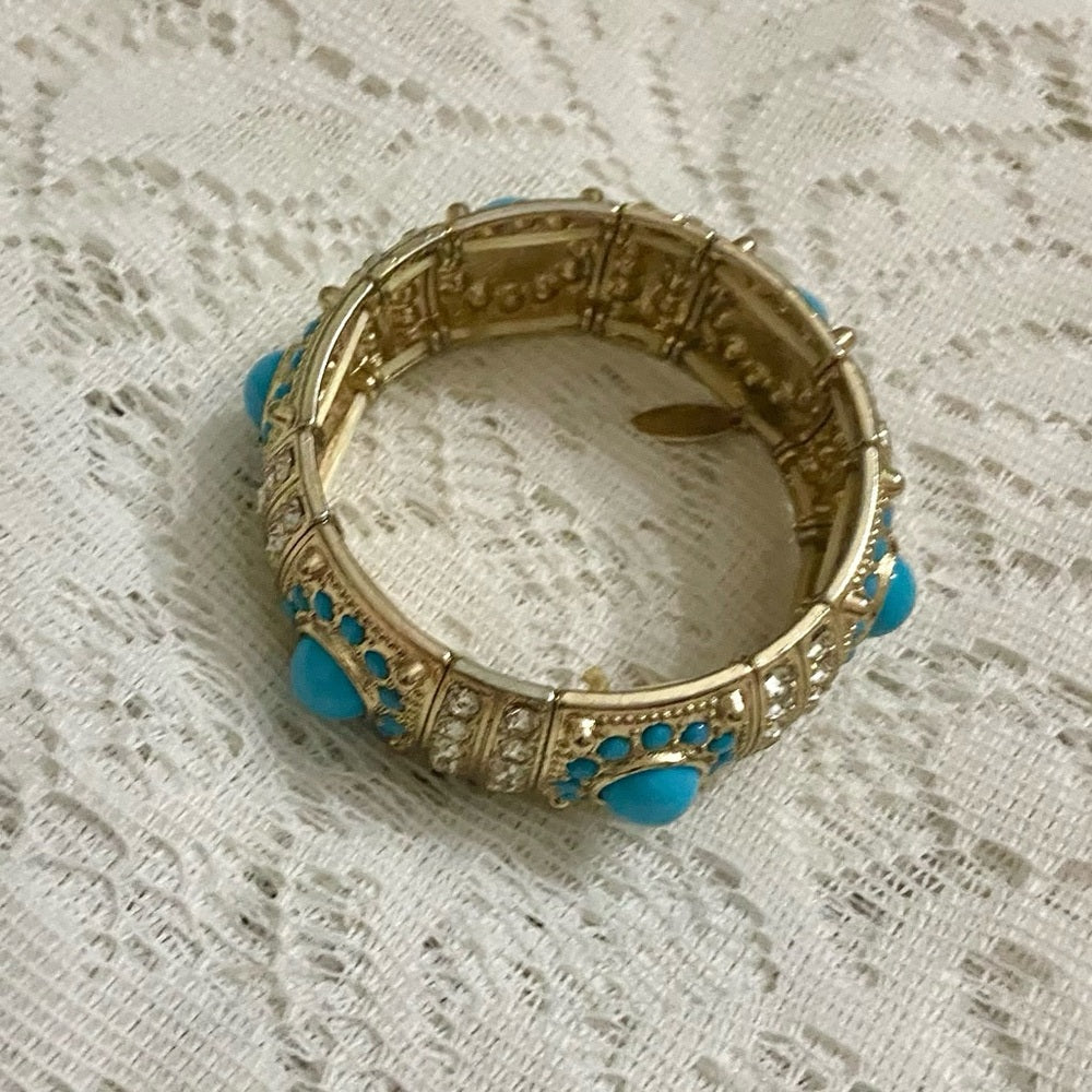 Turquoise Blue Chunky Gold Stretchable Bracelet