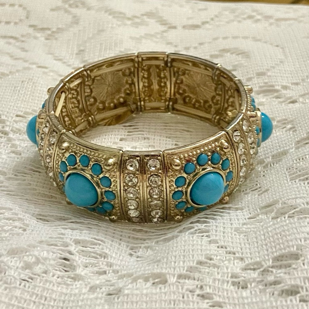 Turquoise Blue Chunky Gold Stretchable Bracelet