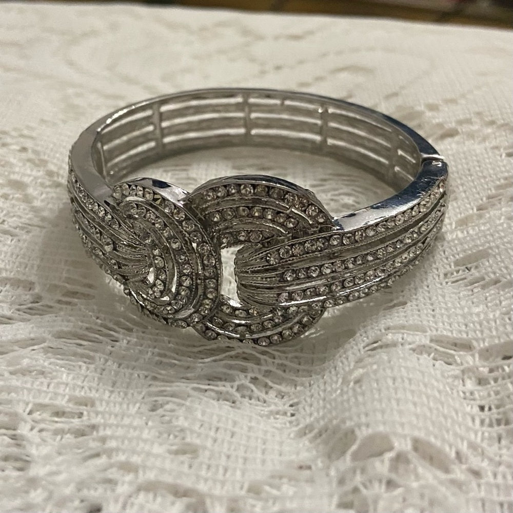 Art Deco, Clear Crystal, Chunky Silver Tone Hinged Bracelet